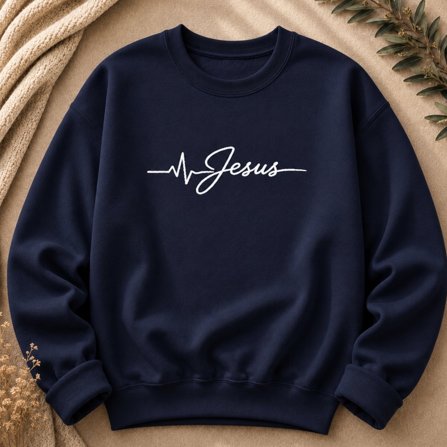 Jesus Is Life Heartbeat Embroidered Crewneck Sweatshirt in Navy | Christian Sweatshirt | BEE Grace-full