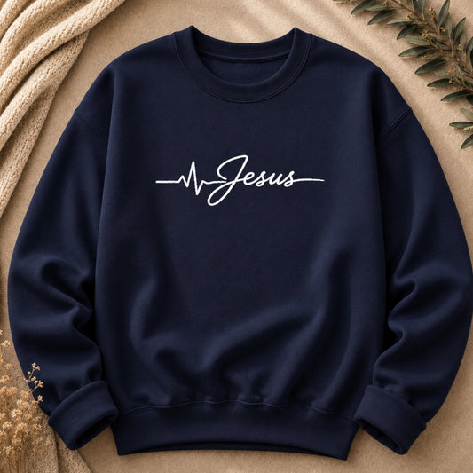 Jesus Is Life Heartbeat Embroidered Crewneck Sweatshirt in Navy | Christian Sweatshirt | BEE Grace-full
