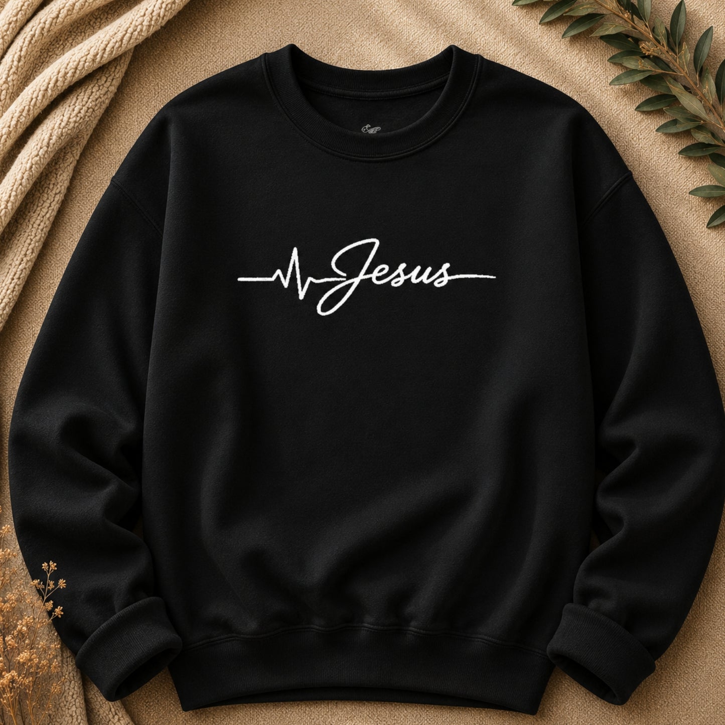 Jesus Is Life Heartbeat Embroidered Crewneck Sweatshirt in Black | Christian Sweatshirt | BEE Grace-full