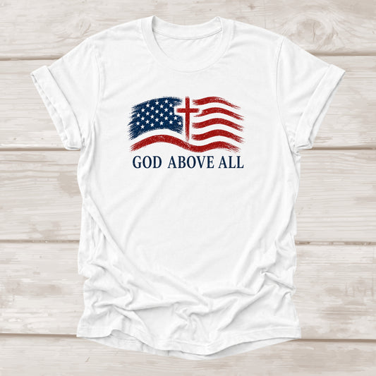 God Above All Christian T-Shirt in White | Distressed Flag & Cross | BEE Grace-full