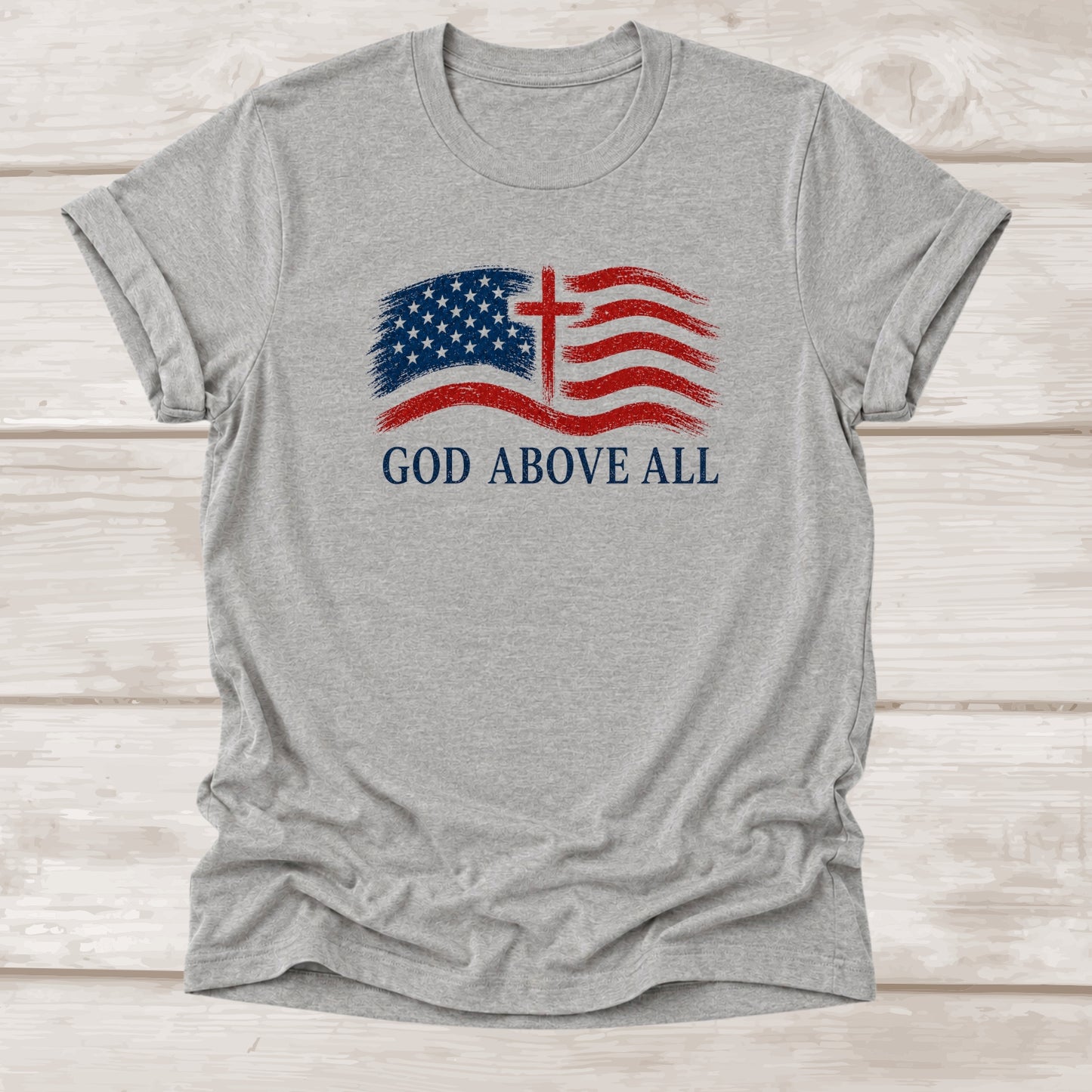God Above All Christian T-Shirt in Athletic Heather | Distressed Flag & Cross | BEE Grace-full