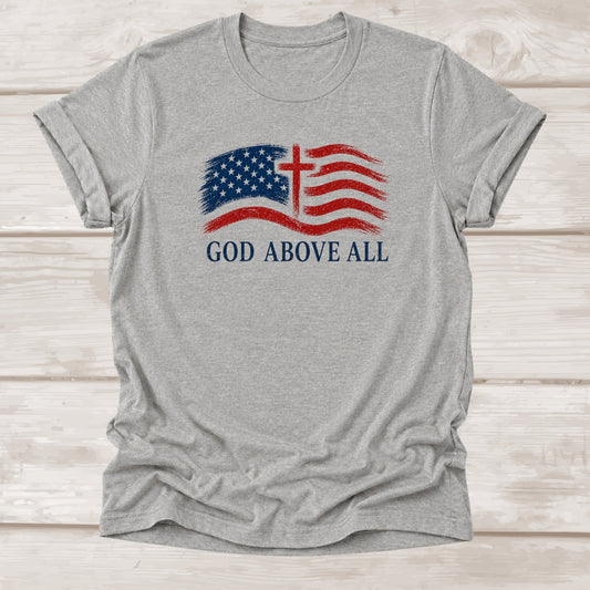 God Above All Christian T-Shirt in Athletic Heather | Distressed Flag & Cross | BEE Grace-full