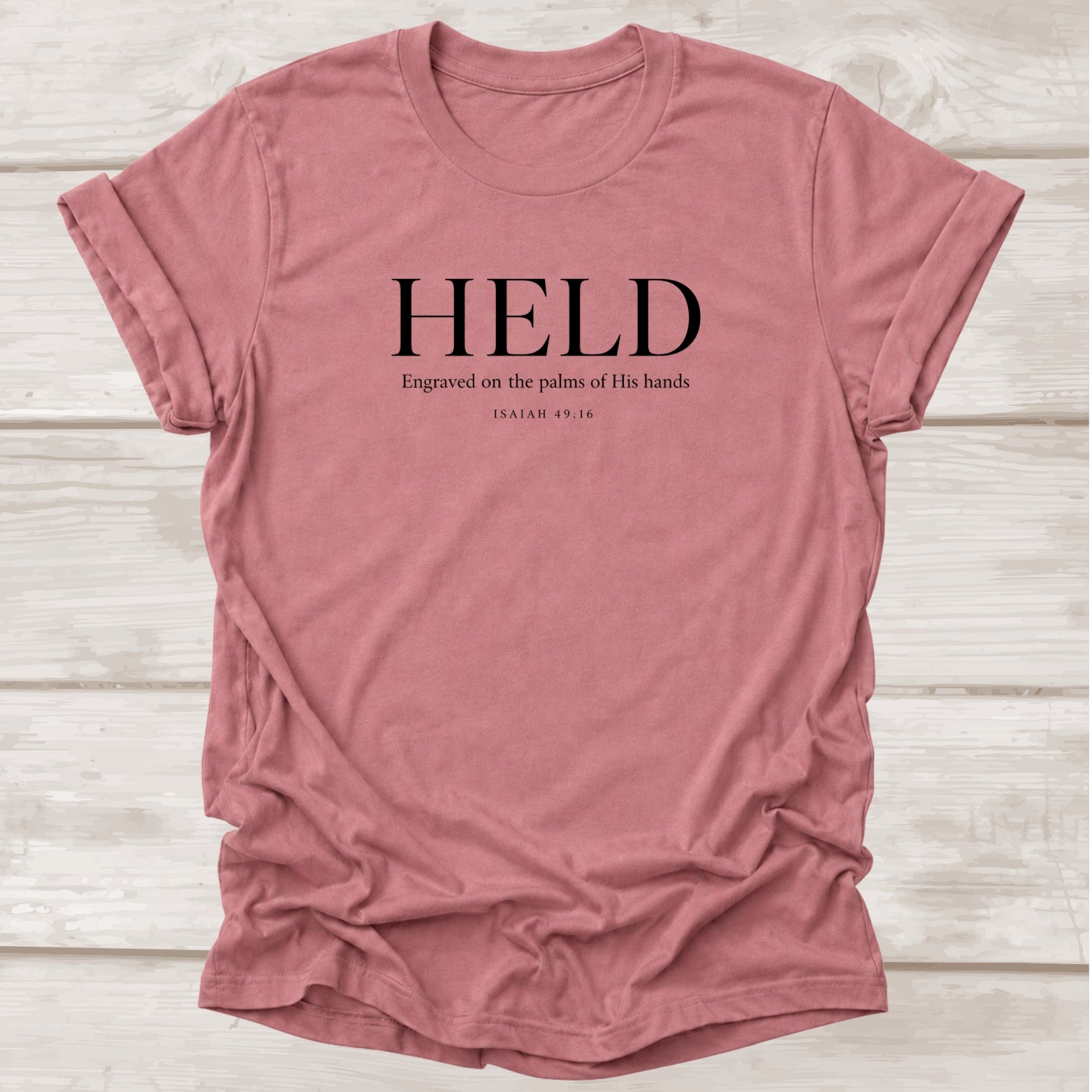 Held Isaiah 49:16 Christian t-shirt in mauve – BEE Grace-full