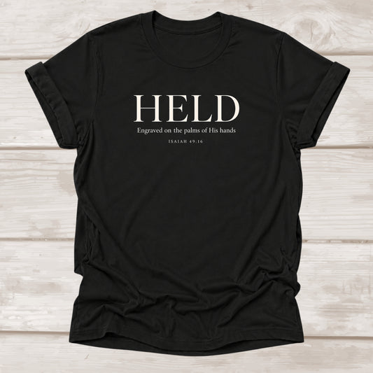 Held Engraved on the palms of His hands t-shirt in black – BEE Grace-full