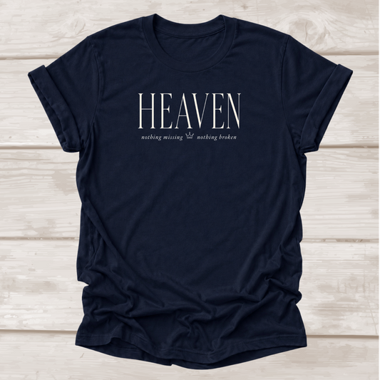 Heaven Nothing Missing Nothing Broken Christian T-Shirt in Navy | BEE Grace-full