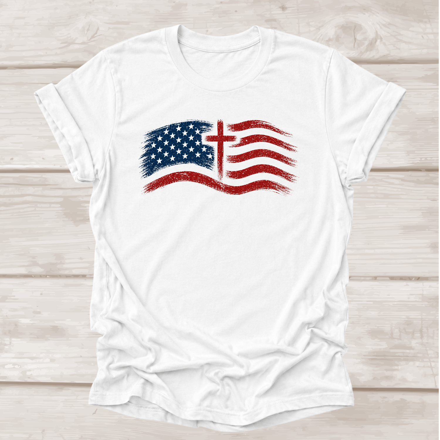 God Above All Christian T-Shirt in White | Distressed American Flag & Cross | BEE Grace-full