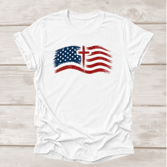 God Above All Christian T-Shirt in White | Distressed American Flag & Cross | BEE Grace-full