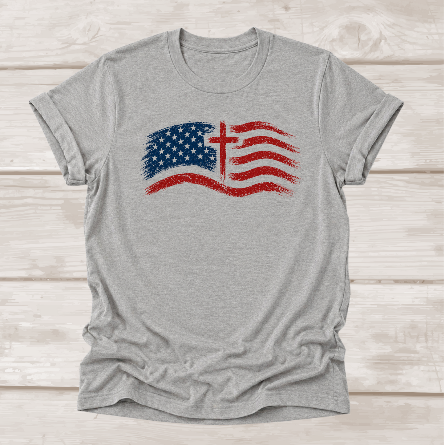 God Above All Christian T-Shirt in Athletic Heather | Distressed American Flag & Cross | BEE Grace-full
