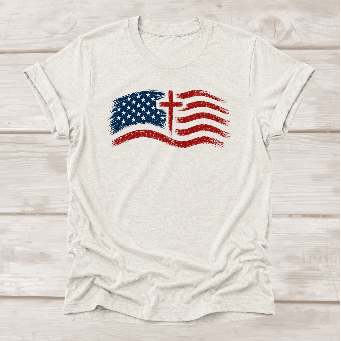 God Above All Christian T-Shirt in Heather Cement | Distressed American Flag & Cross | BEE Grace-full
