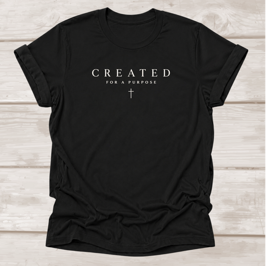 Created for a Purpose Christian T-Shirt in Black | Cross Graphic | BEE Grace-full
