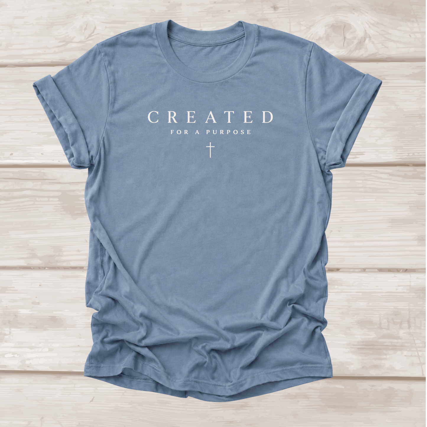 Created for a Purpose Christian T-Shirt in Steel Blue | Cross Graphic | BEE Grace-full