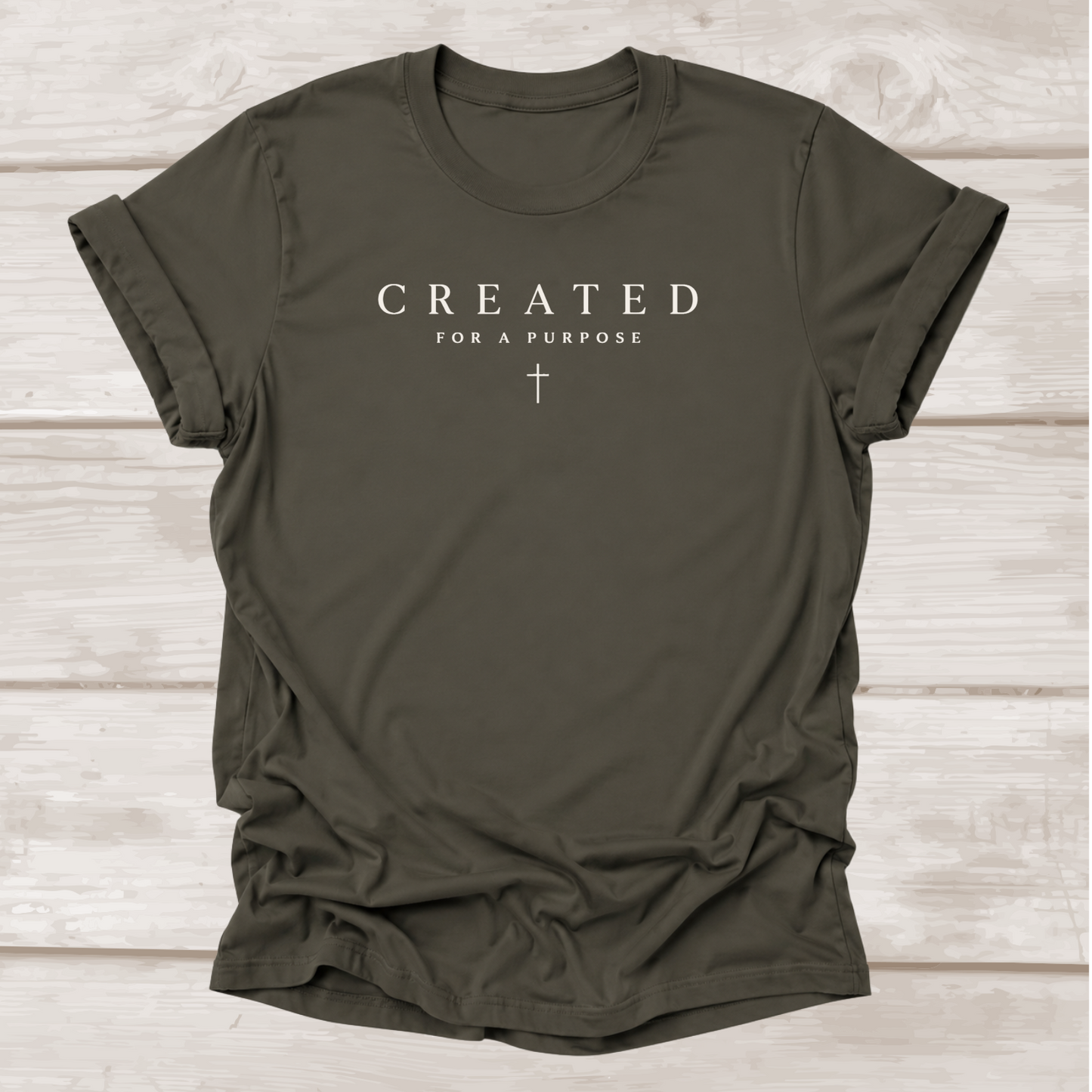 Created for a Purpose Christian T-Shirt in Army Green | Cross Graphic | BEE Grace-full