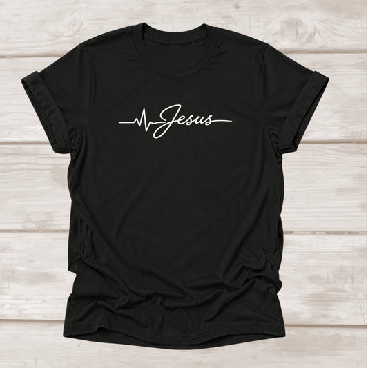 Jesus is Life Heartbeat Christian T-Shirt in Black | Faith Graphic Tee | BEE Grace-full