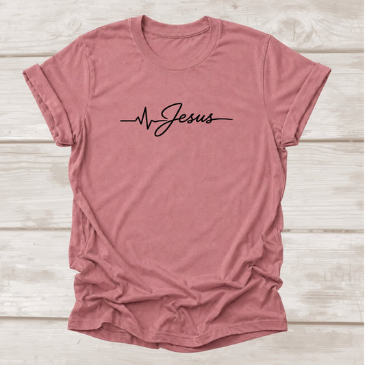Jesus is Life Heartbeat Christian T-Shirt in Mauve | Faith Graphic Tee | BEE Grace-full