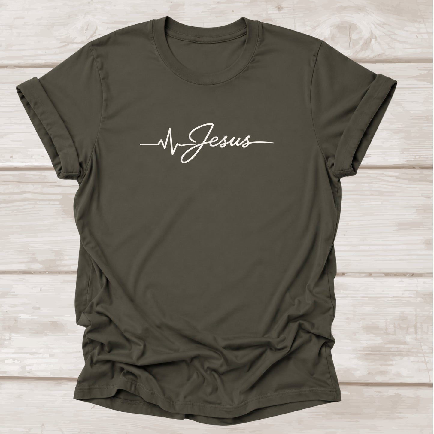 Jesus is Life Heartbeat Christian T-Shirt in Army Green | Faith Graphic Tee | BEE Grace-full