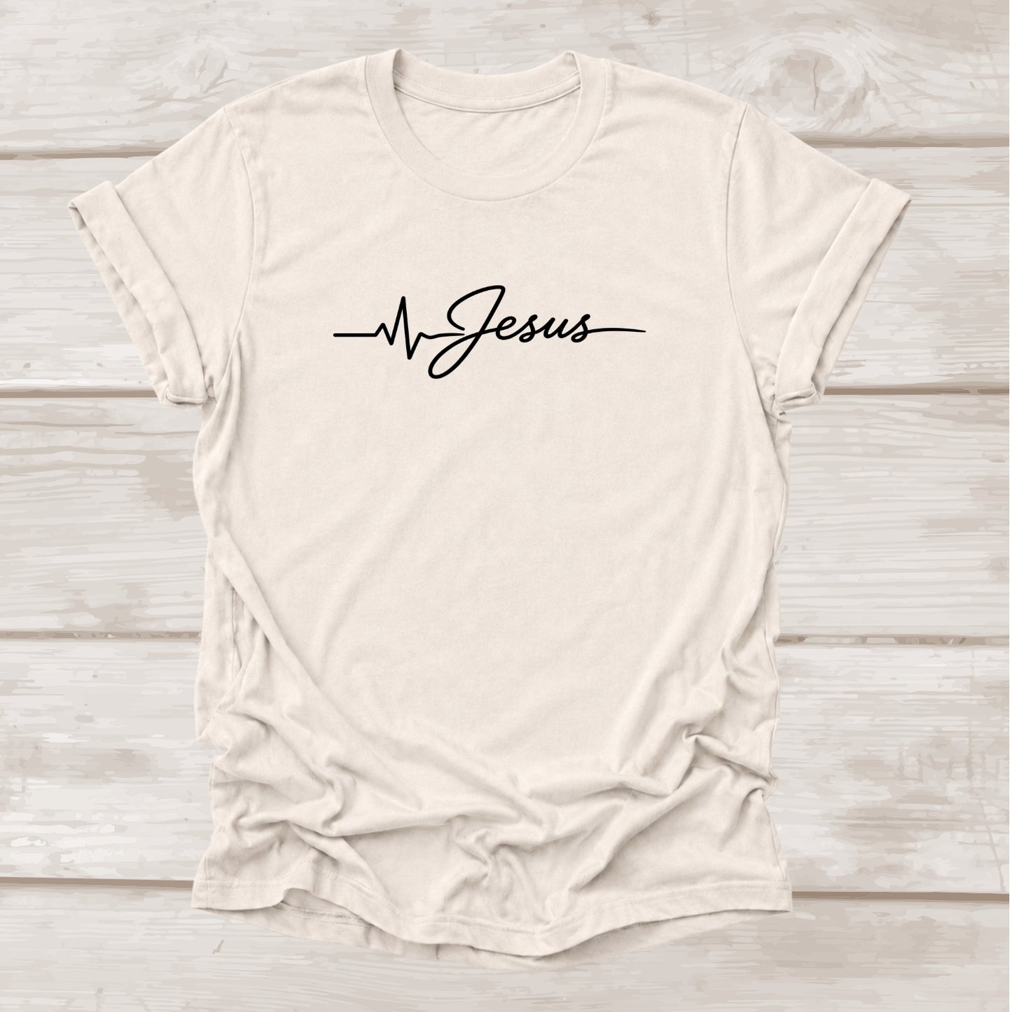 Jesus is Life Heartbeat Christian T-Shirt in Heather Dust | Faith Graphic Tee | BEE Grace-full