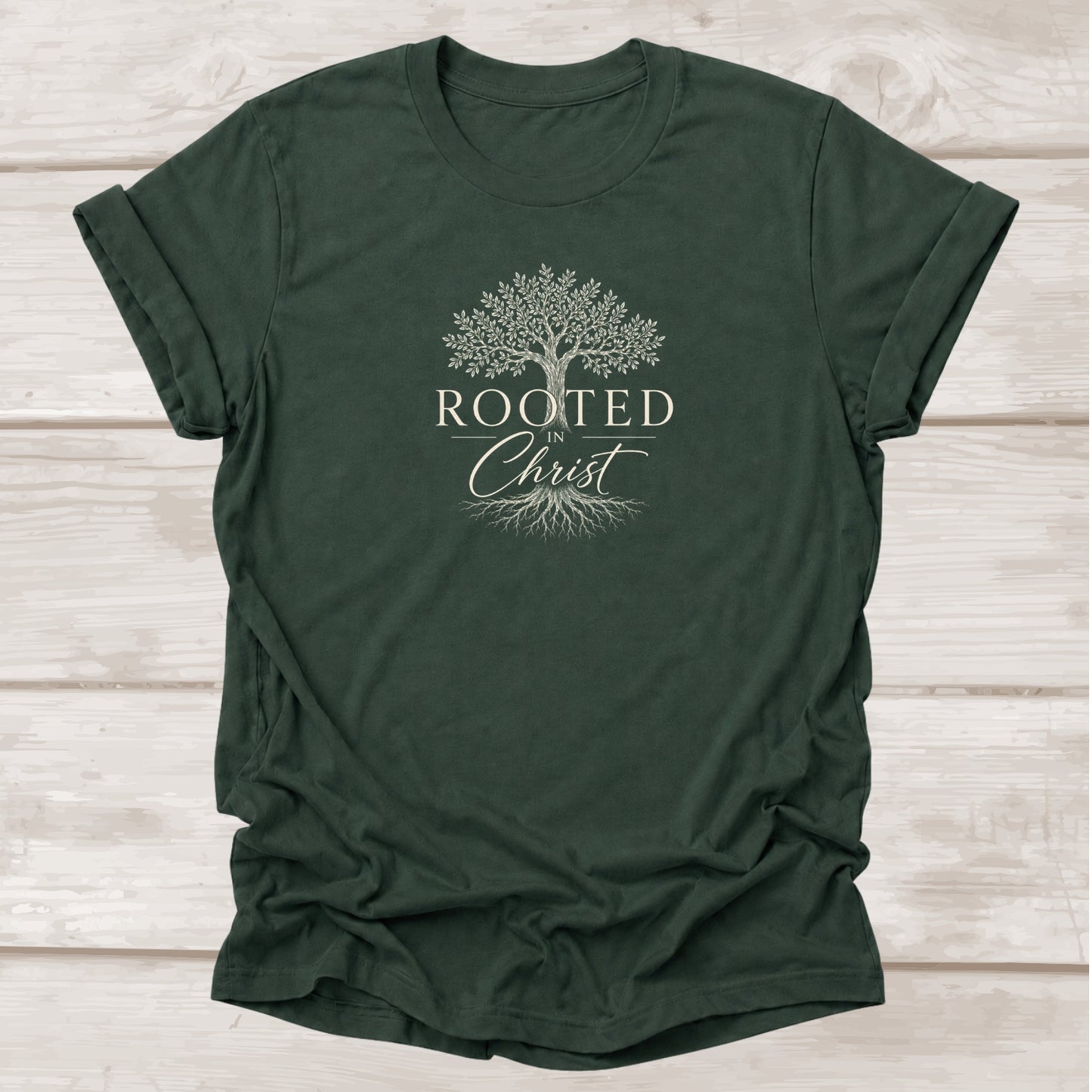 Rooted in Christ – Forest Green Christian Graphic Tee with Tree Design | BEE Grace-full
