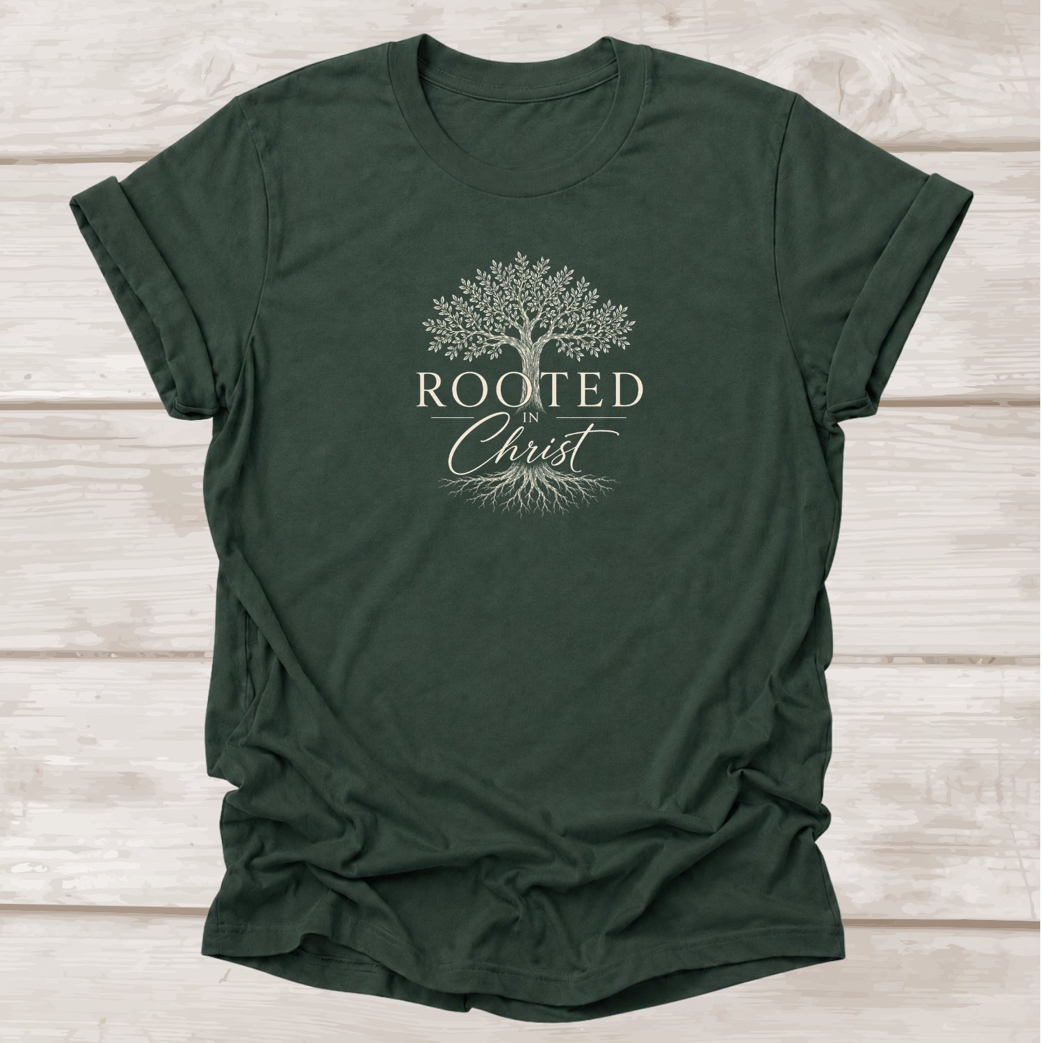 Rooted in Christ – Forest Green Christian Graphic Tee with Tree Design | BEE Grace-full
