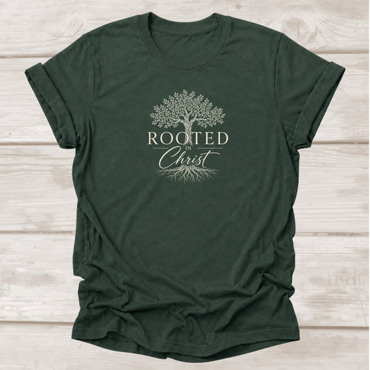 Rooted in Christ – Forest Green Christian Graphic Tee with Tree Design | BEE Grace-full
