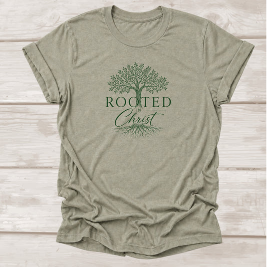 Rooted in Christ – Heather Stone  Christian Graphic Tee with Tree Design | BEE Grace-full
