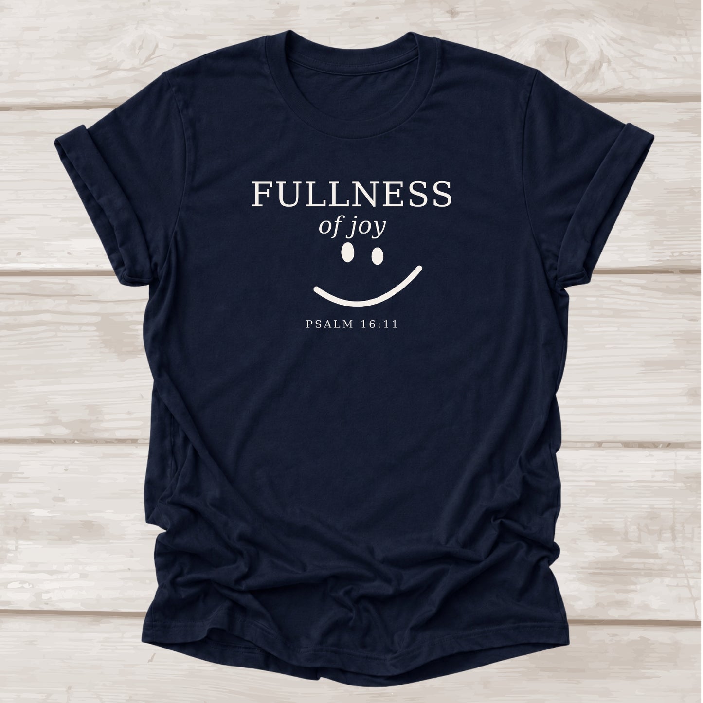 Fullness of Joy Psalm 16:11 Christian t-shirt with smiley face graphic in navy  – BEE Grace-full