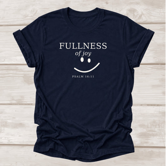 Fullness of Joy Psalm 16:11 Christian t-shirt with smiley face graphic in navy  – BEE Grace-full