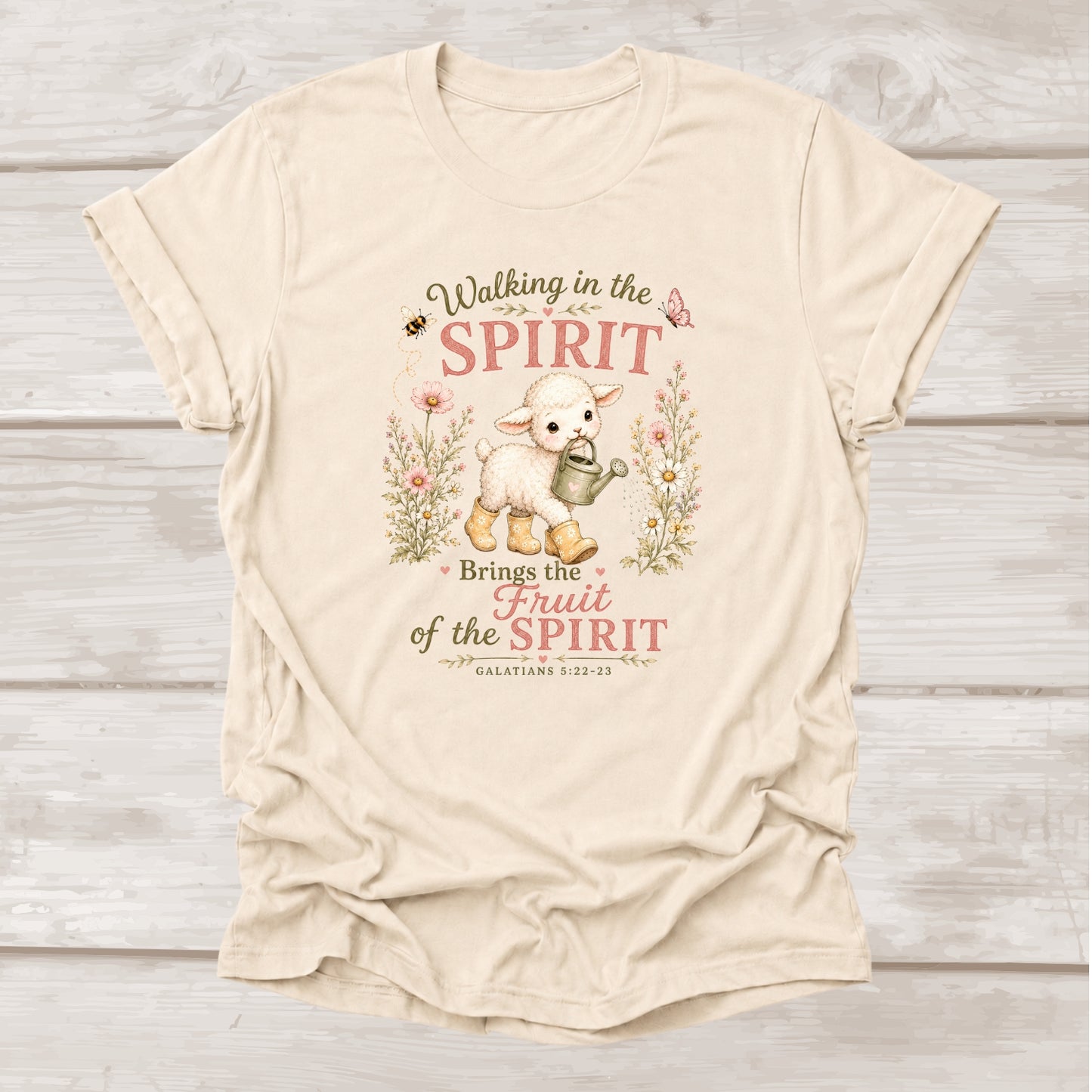 Walking in the Spirit Brings the Fruit of the Spirit Galatians 5:22-23 scripture t-shirt in soft cream – BEE Grace-full