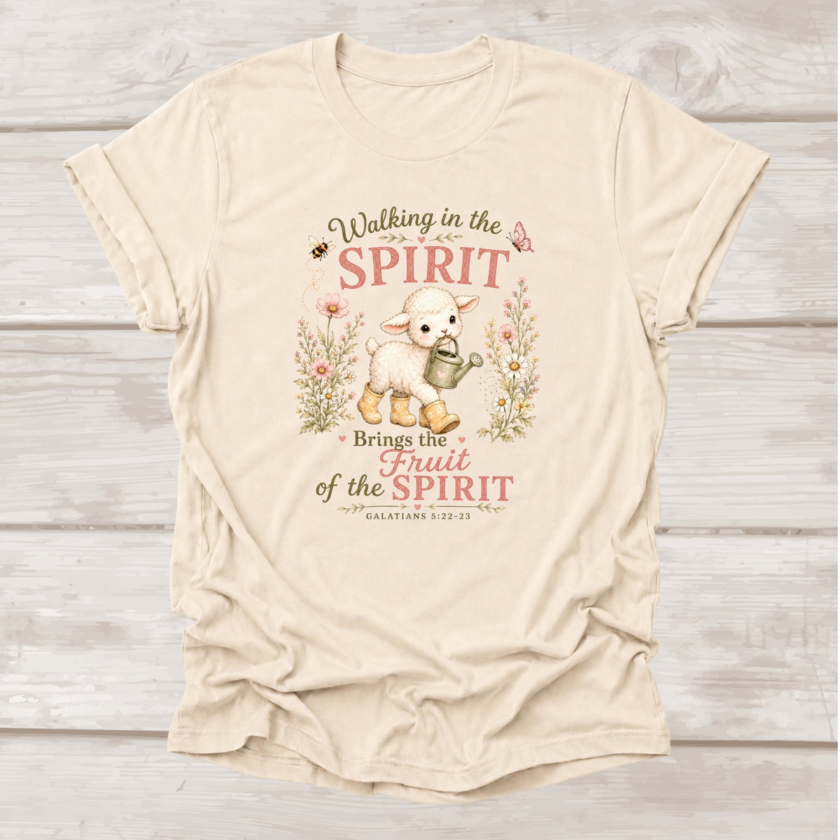 Walking in the Spirit Brings the Fruit of the Spirit Galatians 5:22-23 scripture t-shirt in soft cream – BEE Grace-full