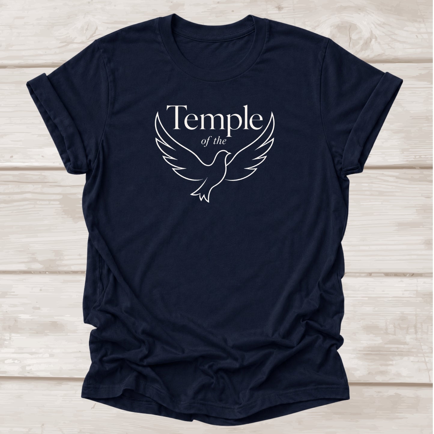 Temple of the Holy Spirit Christian t-shirt with dove graphic in navy – BEE Grace-full
