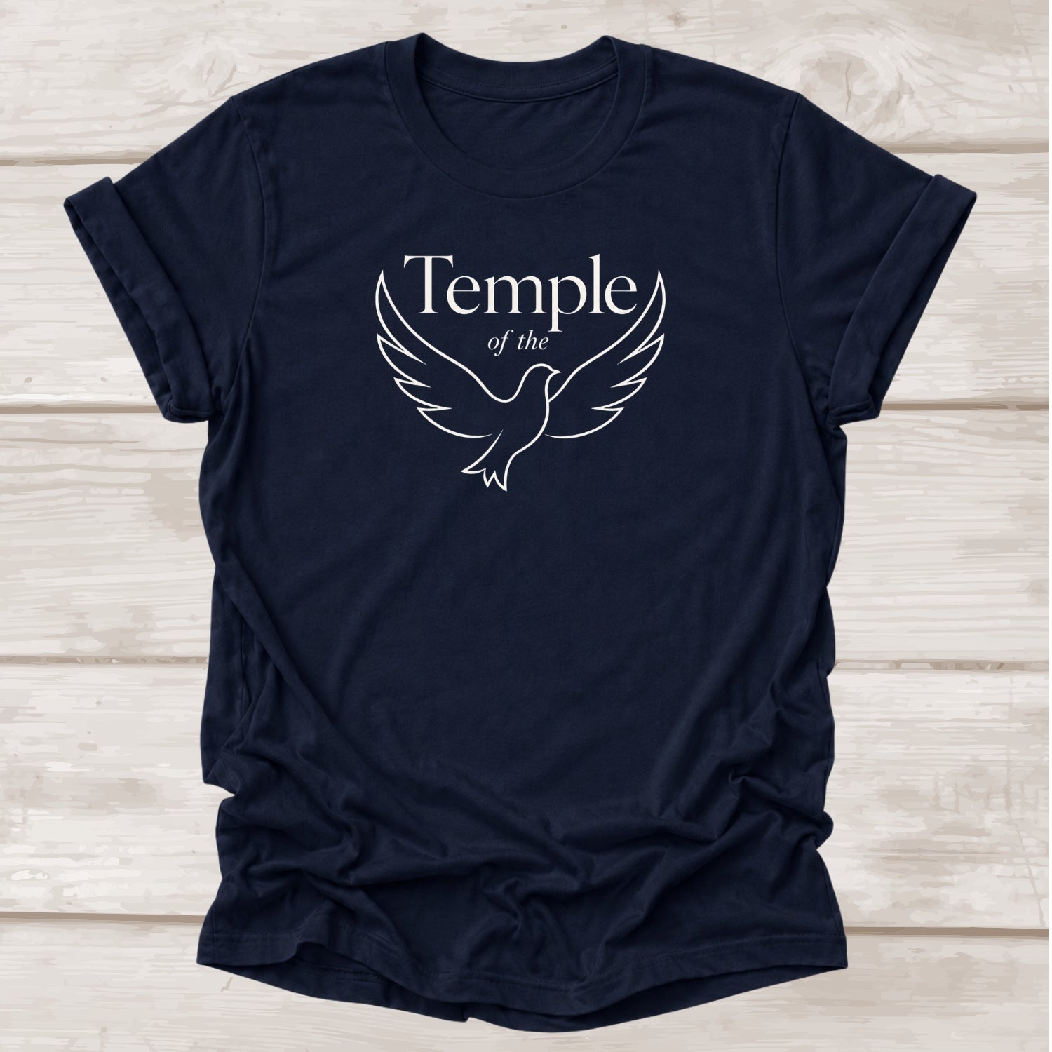 Temple of the Holy Spirit Christian t-shirt with dove graphic in navy – BEE Grace-full