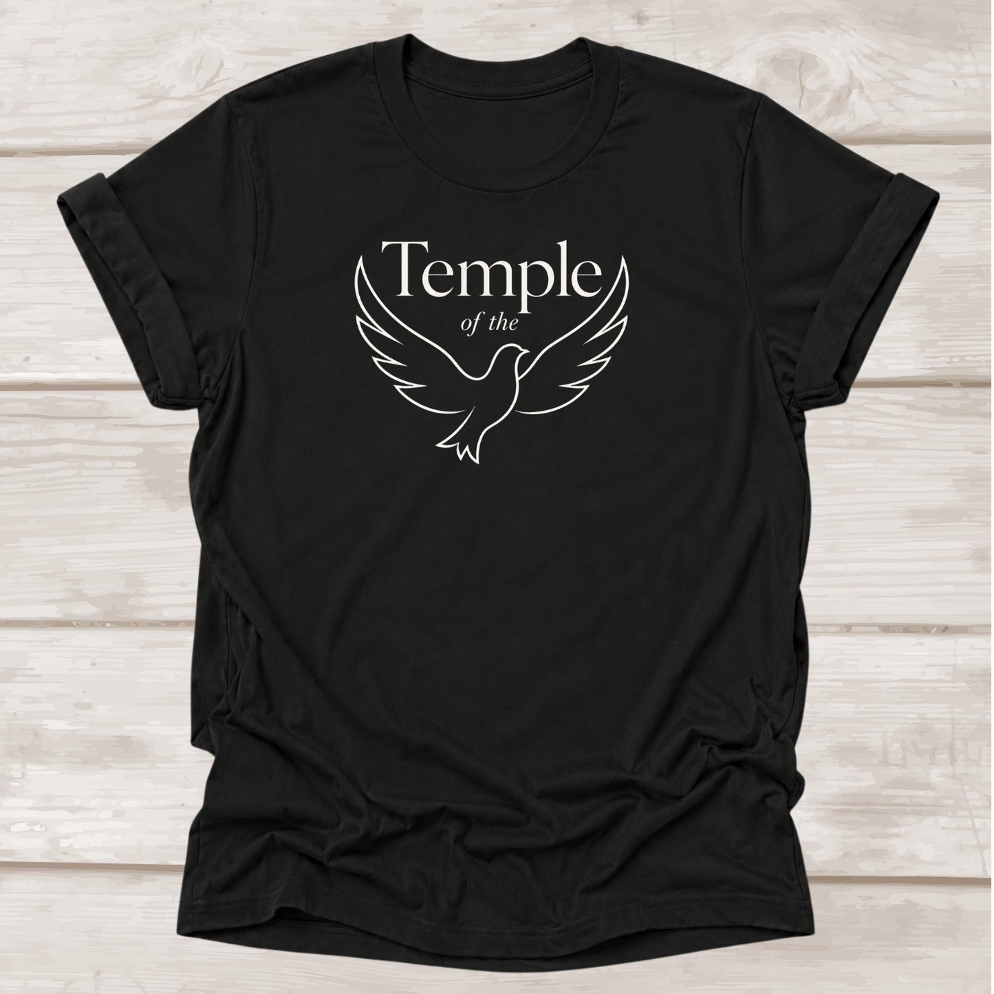 Temple of the Holy Spirit Christian t-shirt with dove graphic in black – BEE Grace-full