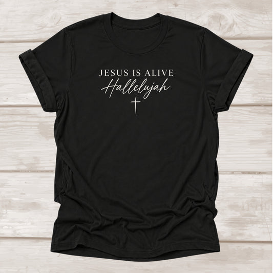 Jesus Is Alive Hallelujah Christian t-shirt with cross graphic in black – BEE Grace-full