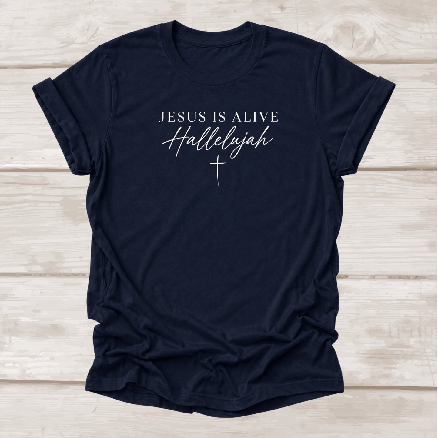 Jesus Is Alive Hallelujah Christian t-shirt with cross graphic in navy – BEE Grace-full