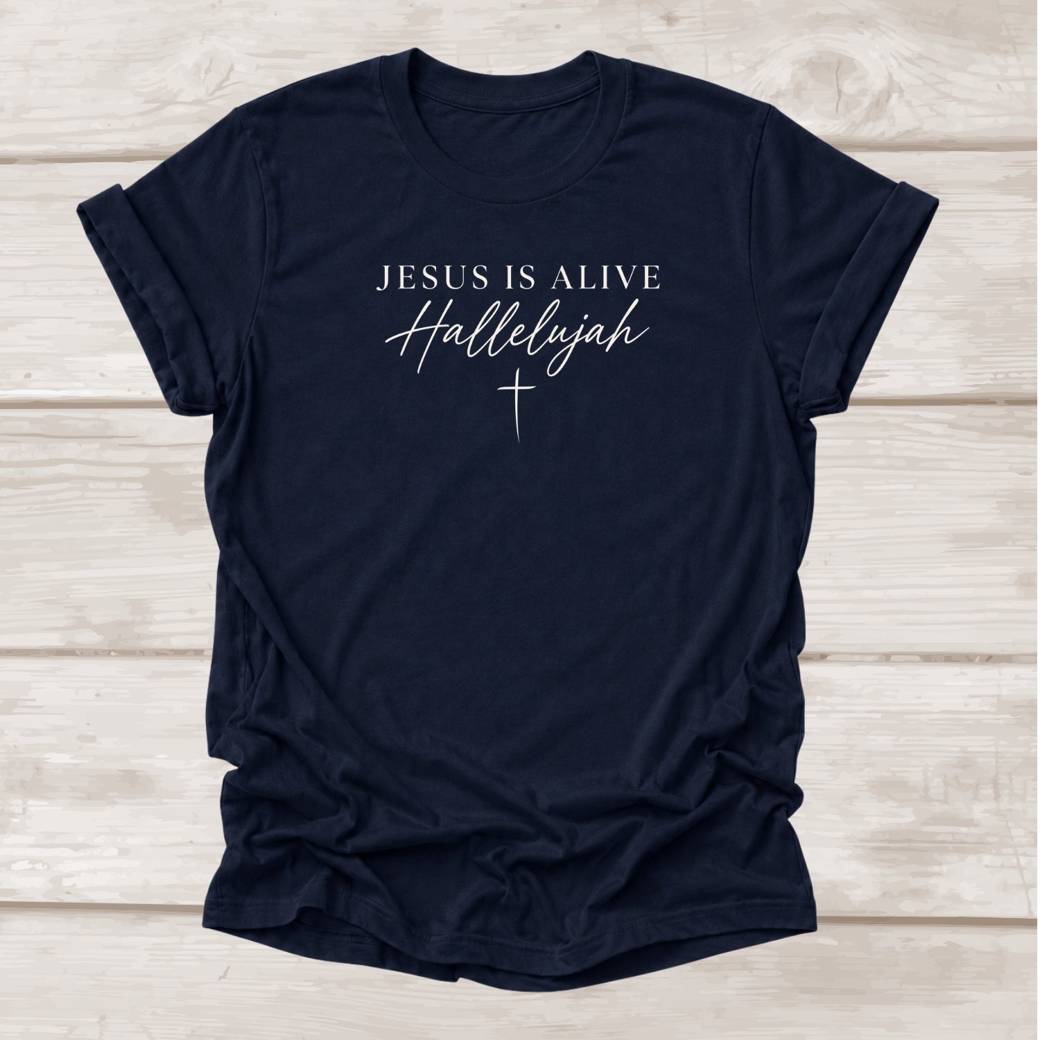 Jesus Is Alive Hallelujah Christian t-shirt with cross graphic in navy – BEE Grace-full