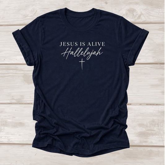 Jesus Is Alive Hallelujah Christian t-shirt with cross graphic in navy – BEE Grace-full