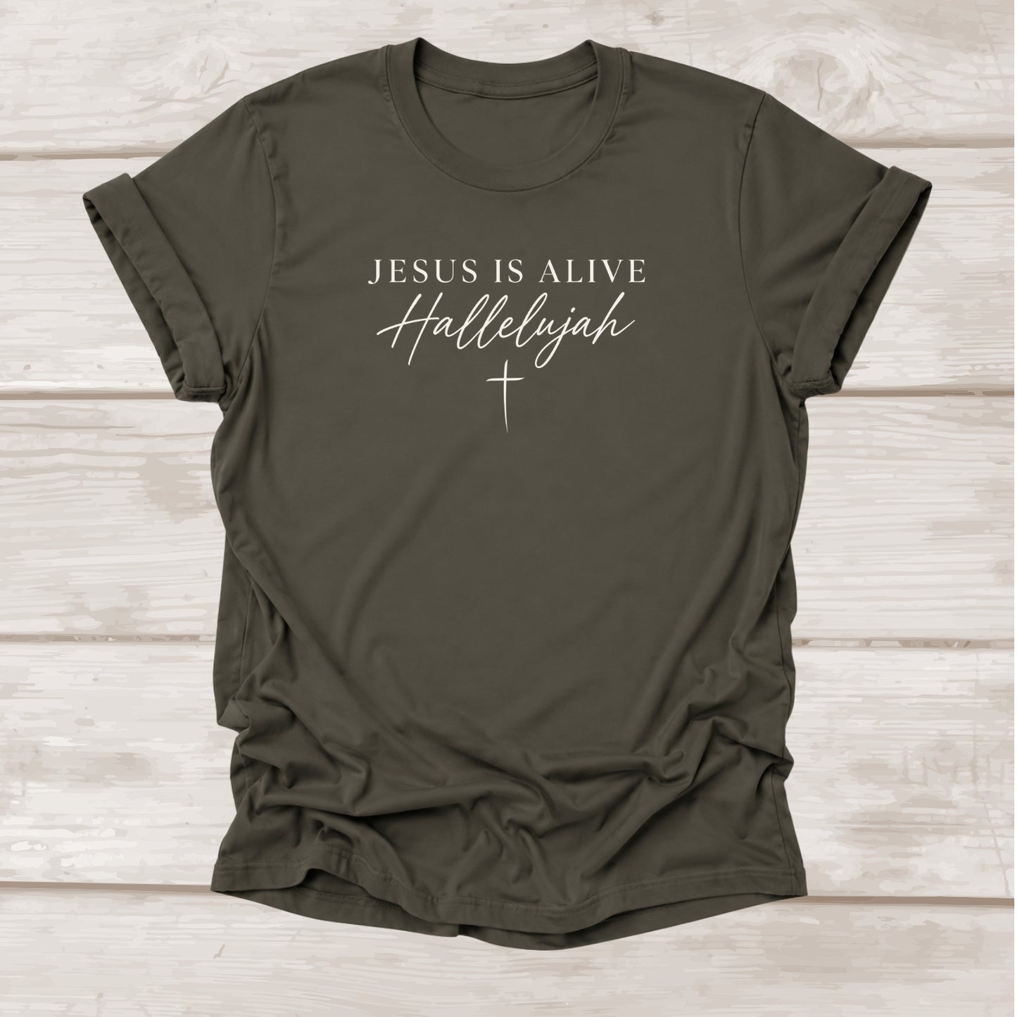 Jesus Is Alive Hallelujah Christian t-shirt with cross graphic in army – BEE Grace-full