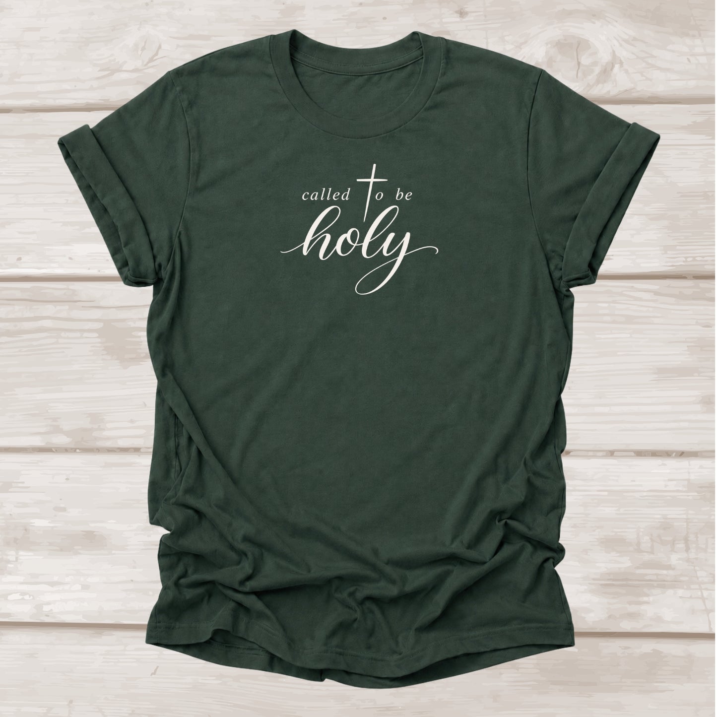 Called to Be Holy 1 Peter 1:15 Christian t-shirt with cross script in forest green – BEE Grace-full