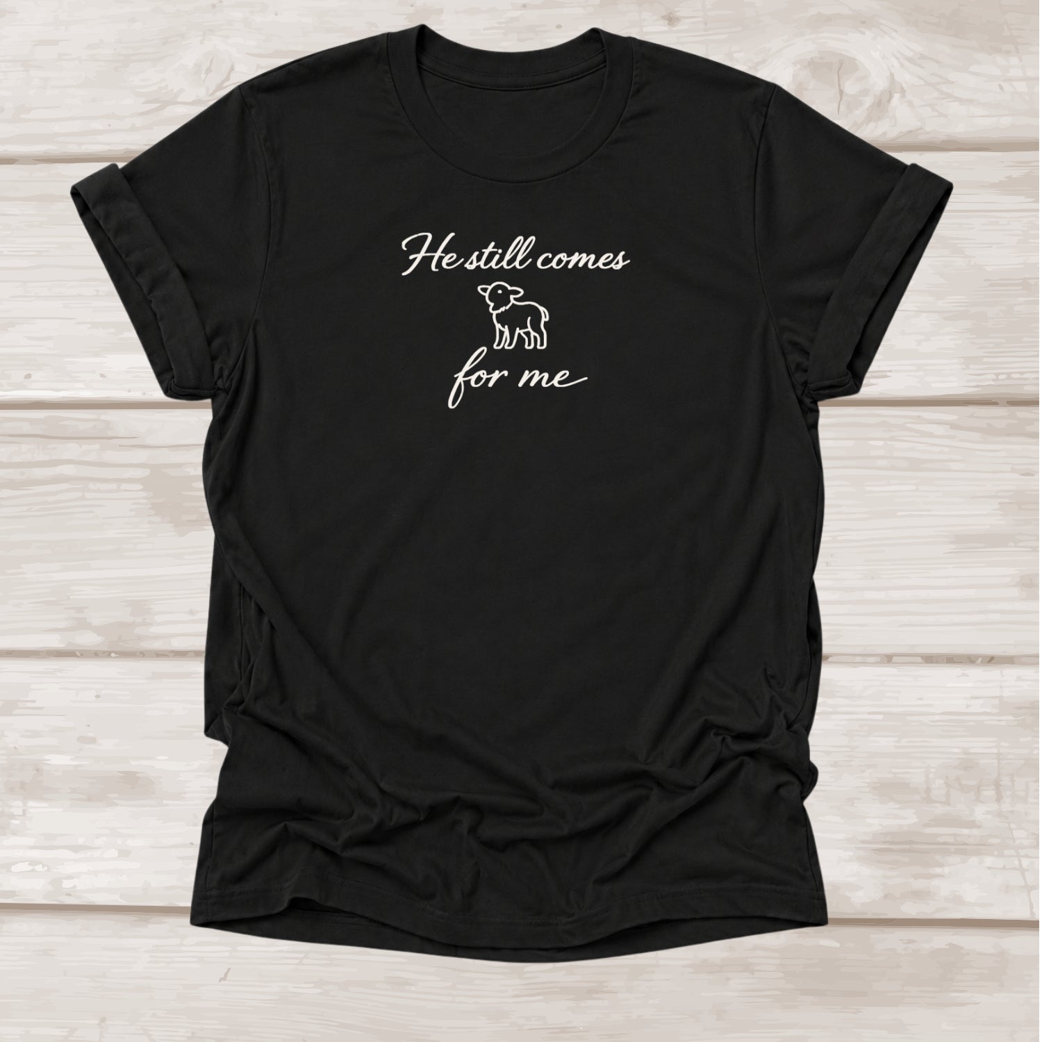 He Still Comes for Me Matthew 18:12 Christian t-shirt with lamb graphic in black – BEE Grace-full