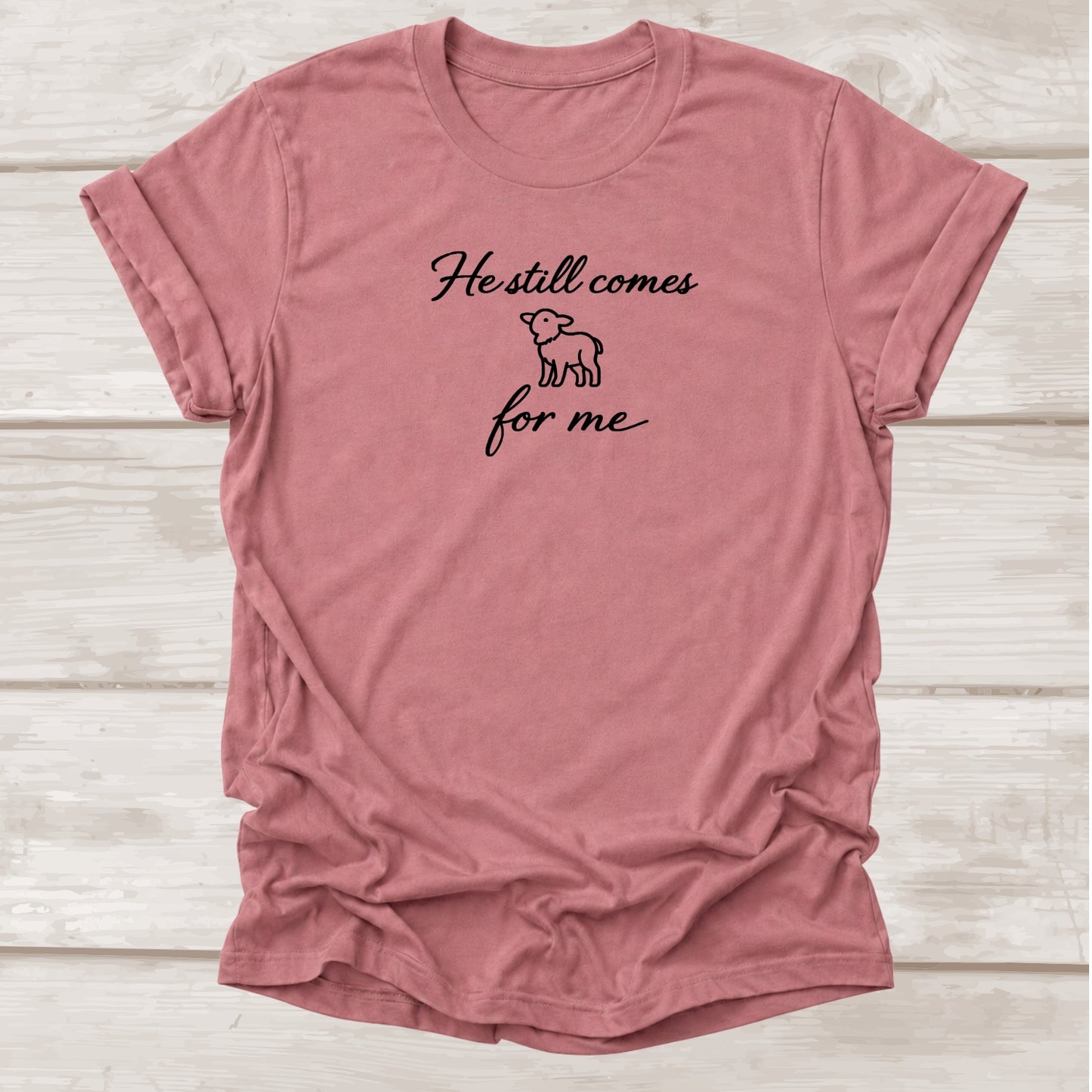 He Still Comes for Me Matthew 18:12 Christian t-shirt with lamb graphic in mauve – BEE Grace-full
