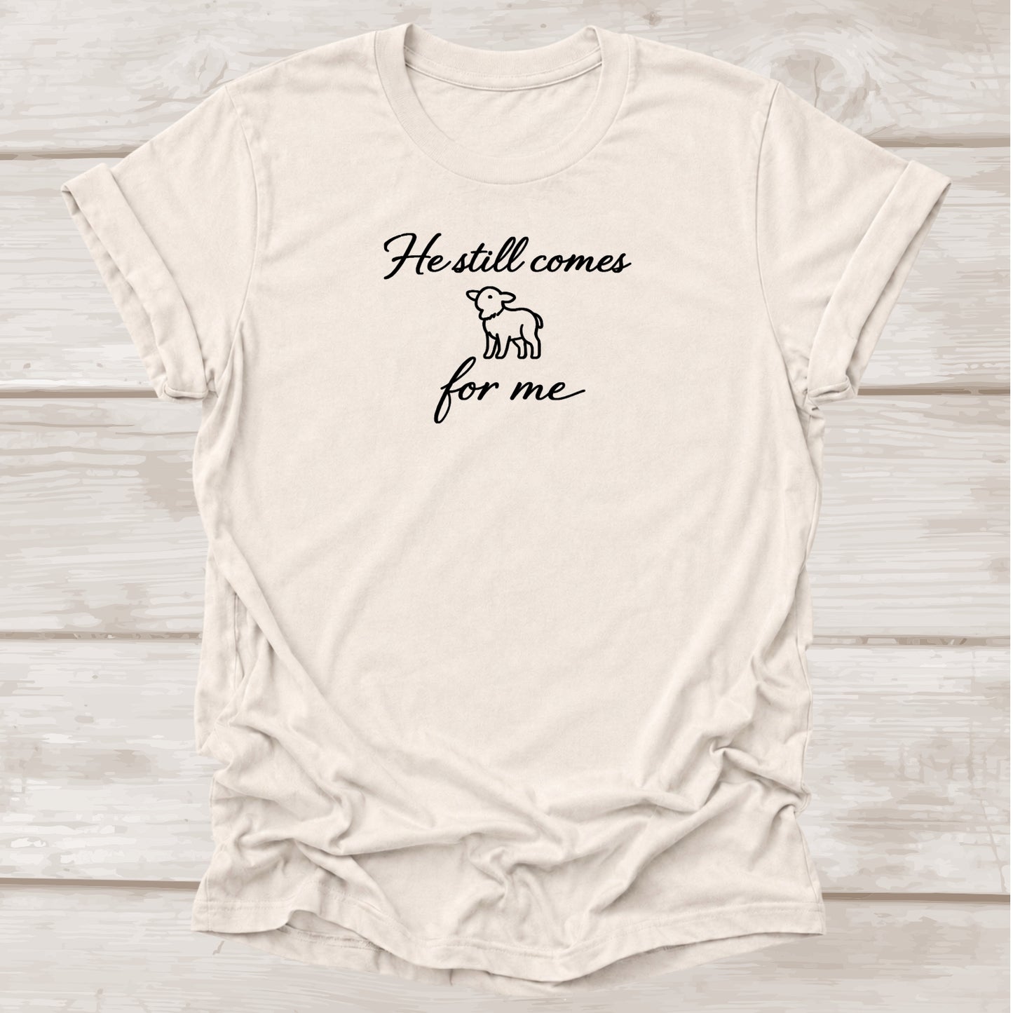He Still Comes for Me Matthew 18:12 scripture t-shirt with lamb graphic in heather dust – BEE Grace-full