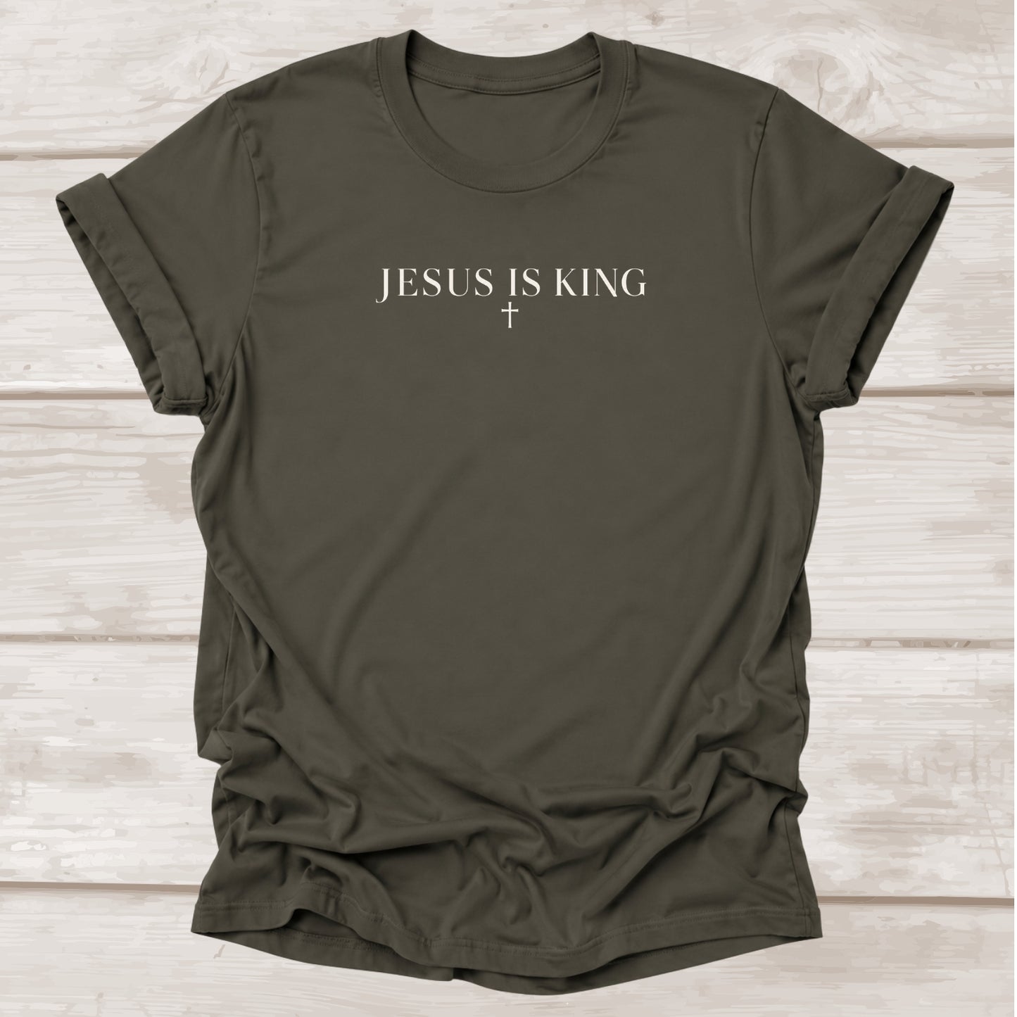 Jesus Is King faith t-shirt with cross in army green – BEE Grace-full