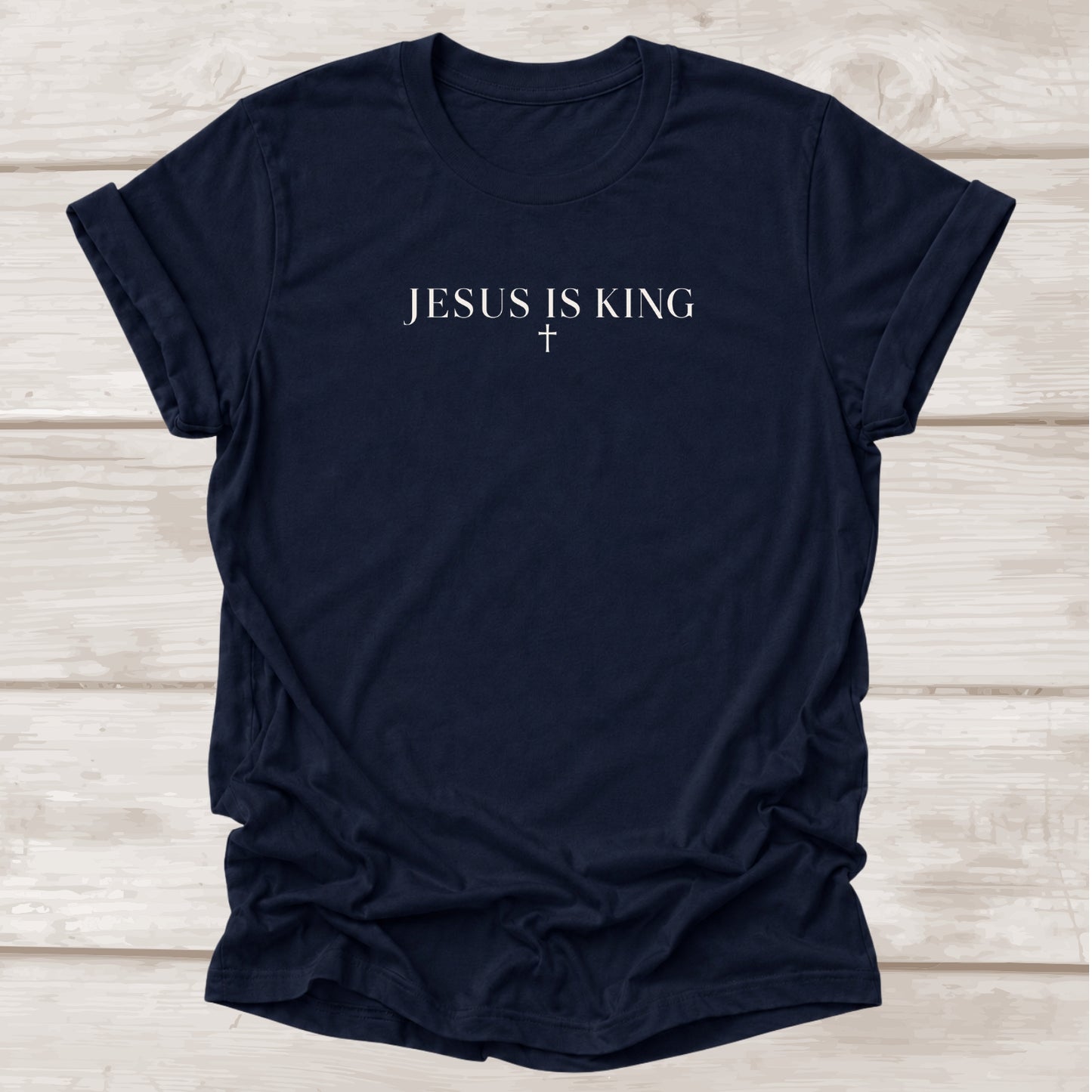 Jesus Is King Christian t-shirt with cross in navy – BEE Grace-full