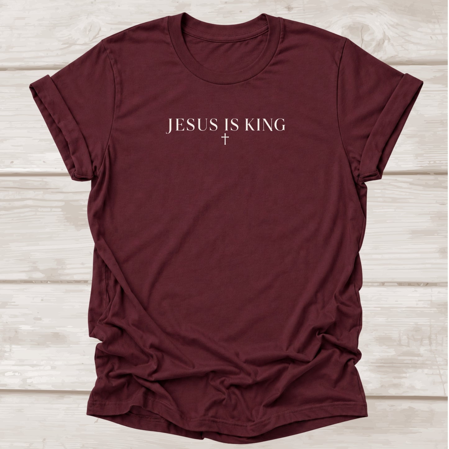 esus Is King Christian t-shirt with cross in maroon – BEE Grace-full