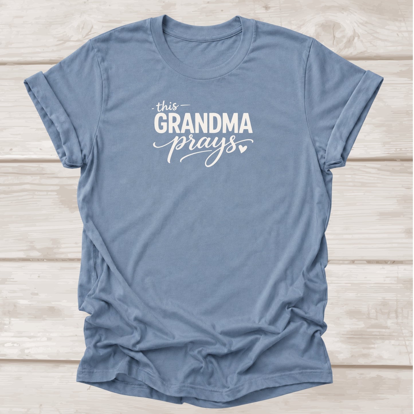 This Grandma Prays Christian t-shirt with script graphic in steel blue – BEE Grace-full
