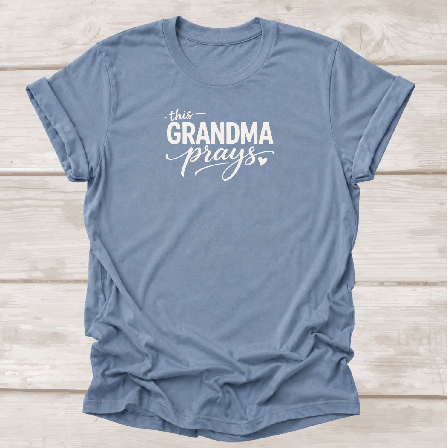 This Grandma Prays Christian t-shirt with script graphic in steel blue – BEE Grace-full