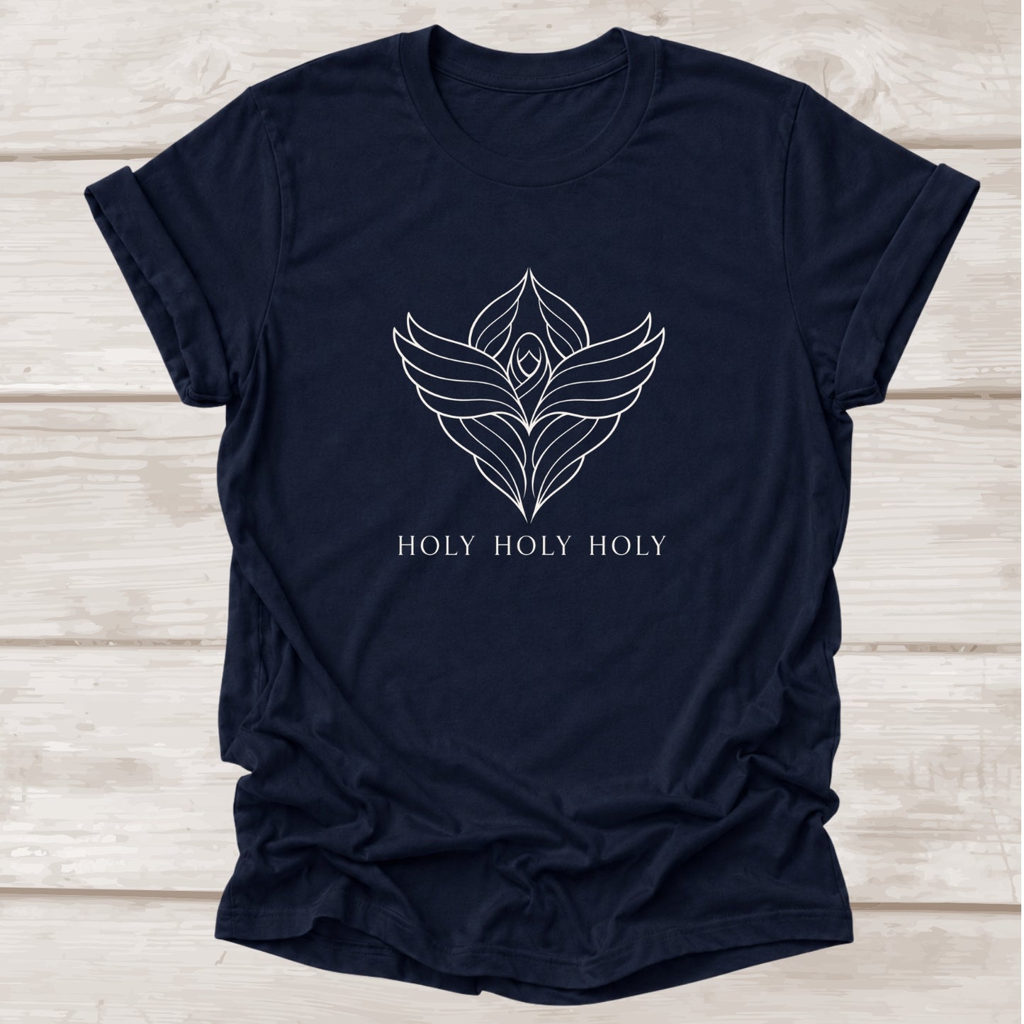 Holy Holy Holy Christian t-shirt with seraphim wings graphic in navy – BEE Grace-full