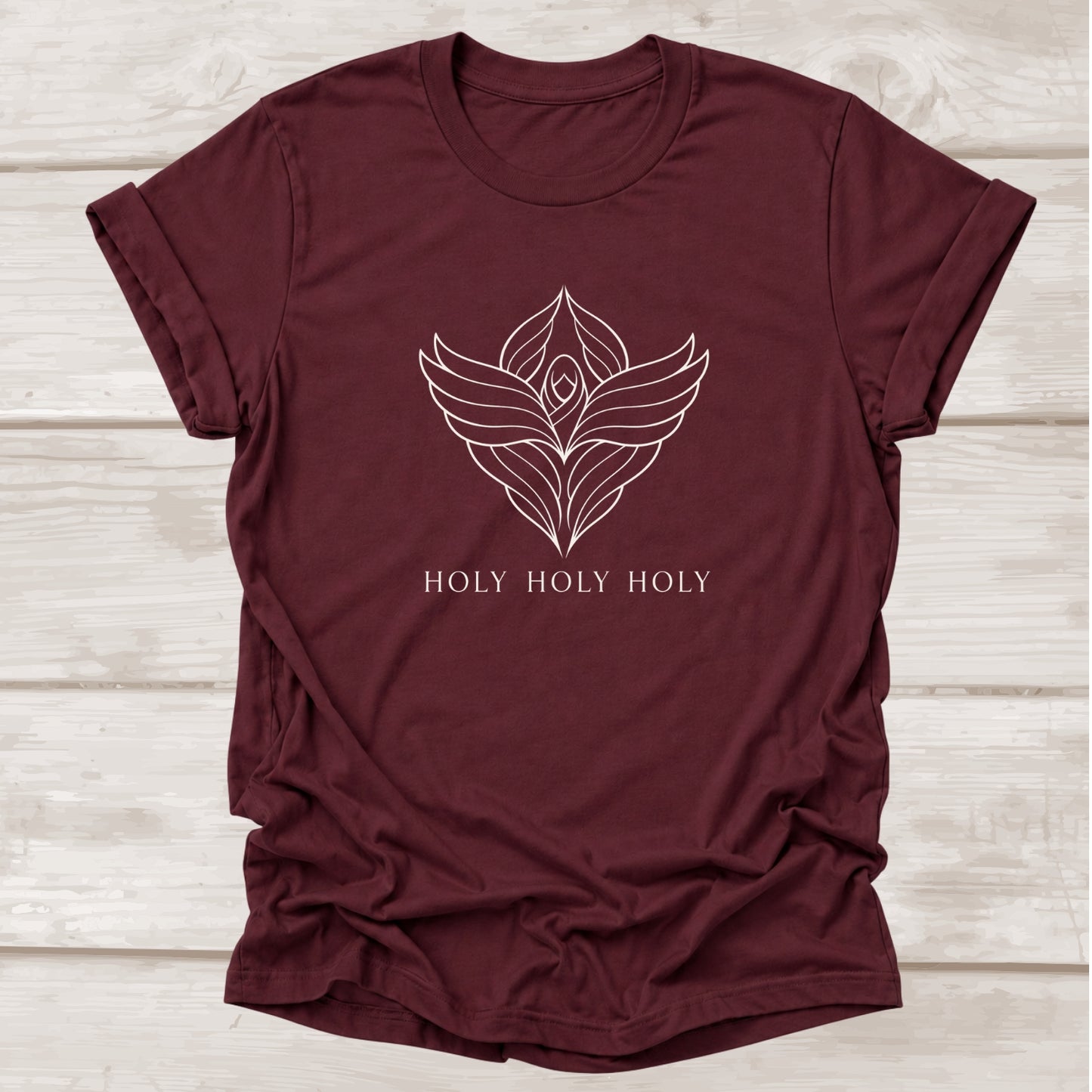 Holy Holy Holy faith t-shirt with seraphim wings graphic in maroon – BEE Grace-full