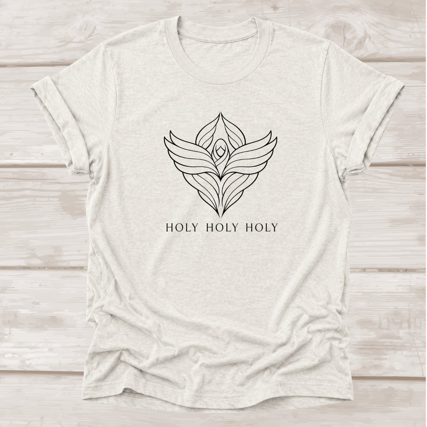 Holy Holy Holy faith t-shirt with seraphim wings graphic in heather cement  – BEE Grace-full