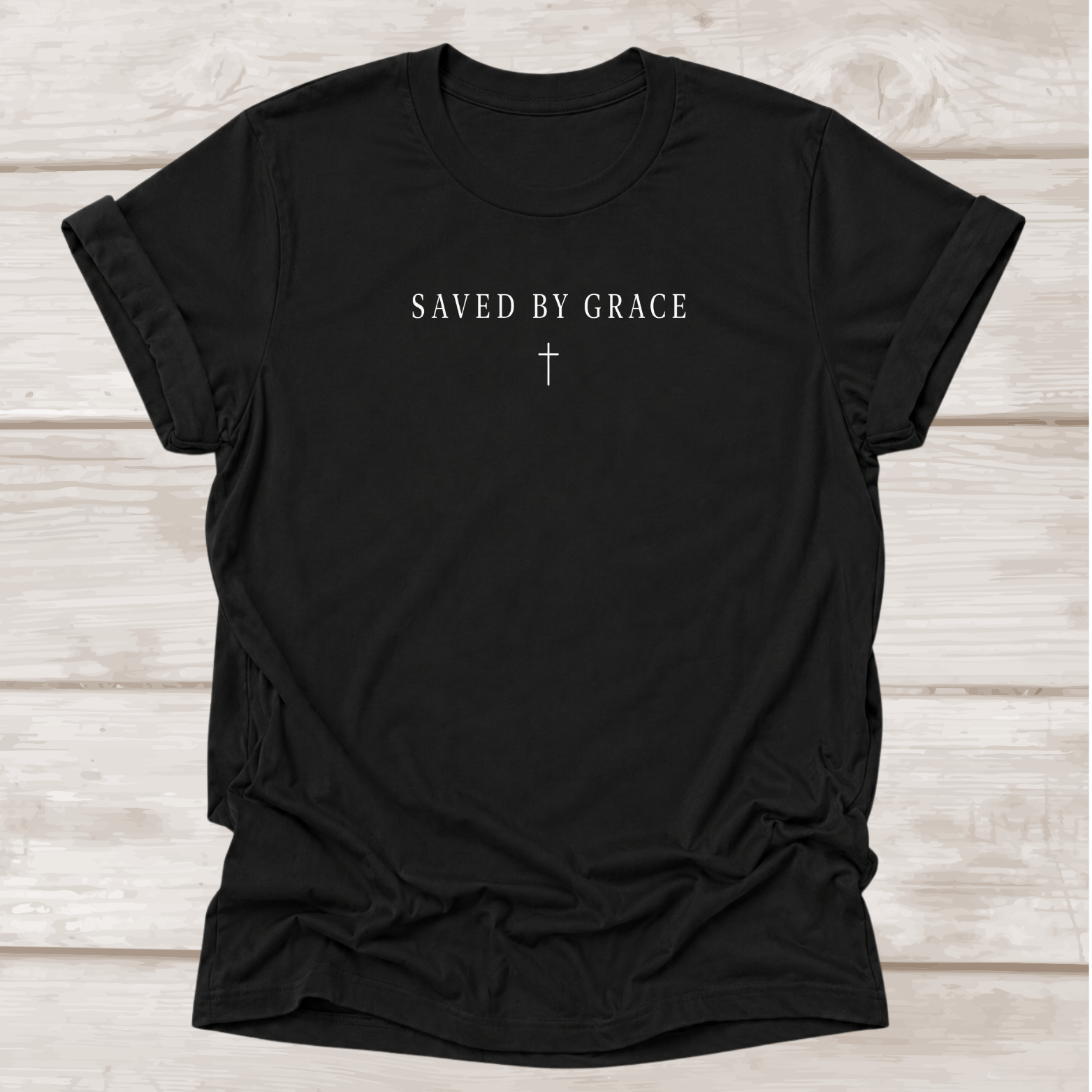 Saved by Grace Ephesians 2:8 Christian T-Shirt in Black | Minimalist Cross | BEE Grace-full