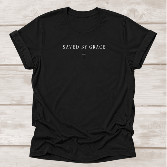 Saved by Grace Ephesians 2:8 Christian T-Shirt in Black | Minimalist Cross | BEE Grace-full